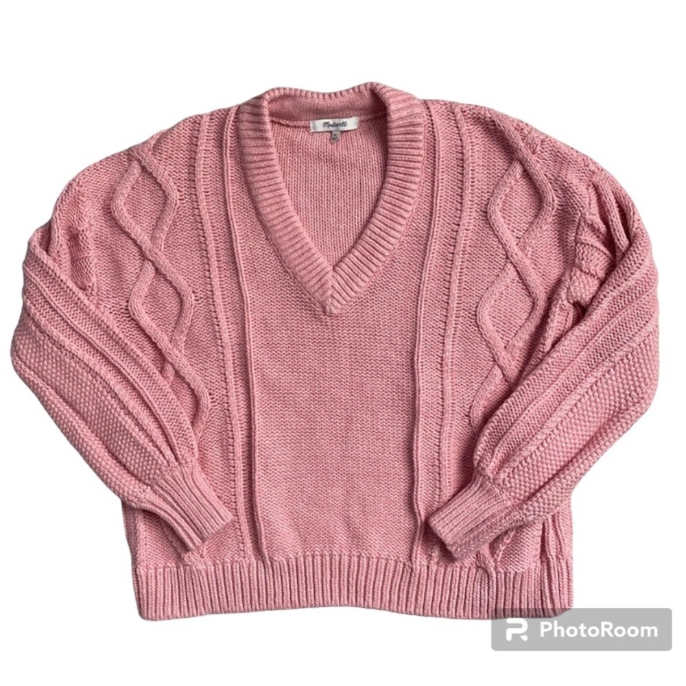 Madewell Pink Mauve Augustus Cableknit V-Neck Sweater Pullover Chunky Co…